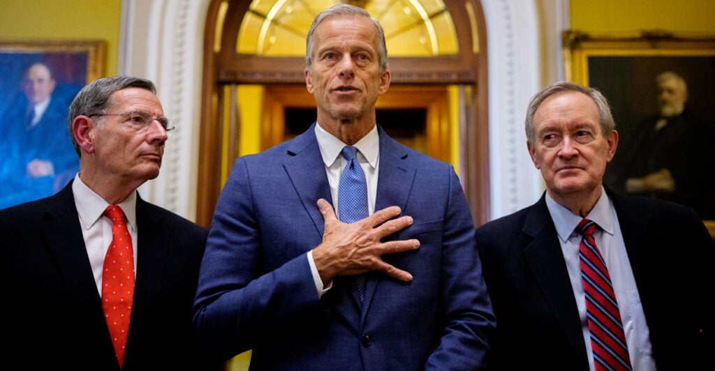 Senate Majority Whip John Barrasso, R-Wyo. (left), is joined by Senate Majority Leader John Thune, R-S.D. (center), and Sen. Mike Crapo, R-Idaho.