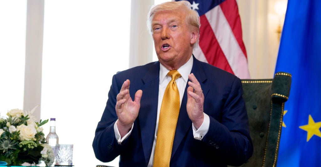 President Donald Trump speaks at Trump Turnberry golf club in Scotland, where he claimed to have reached a trade framework with the European Union.