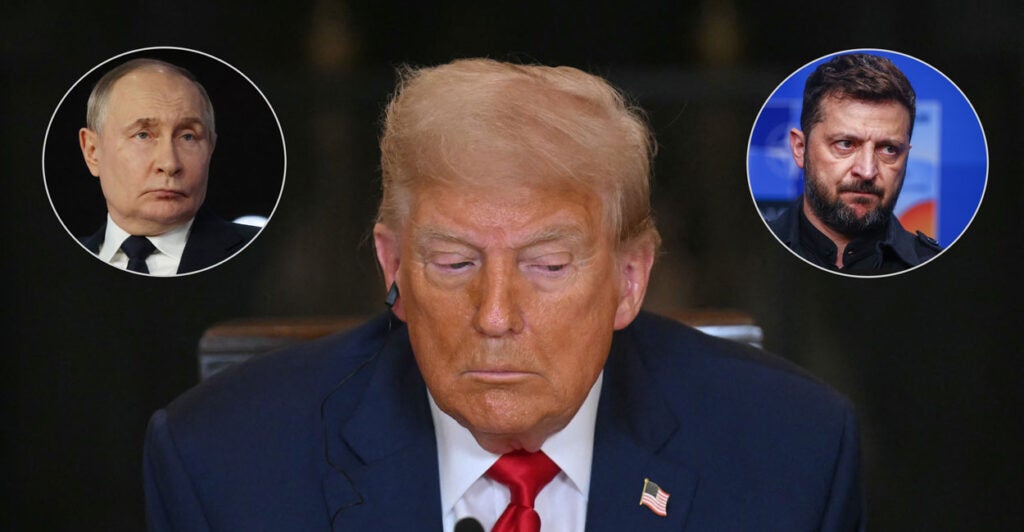 President Donald Trump with Russian President Vladimir Putin (left inset) and Ukrainian President Volodymyr Zelenskyy (right inset)