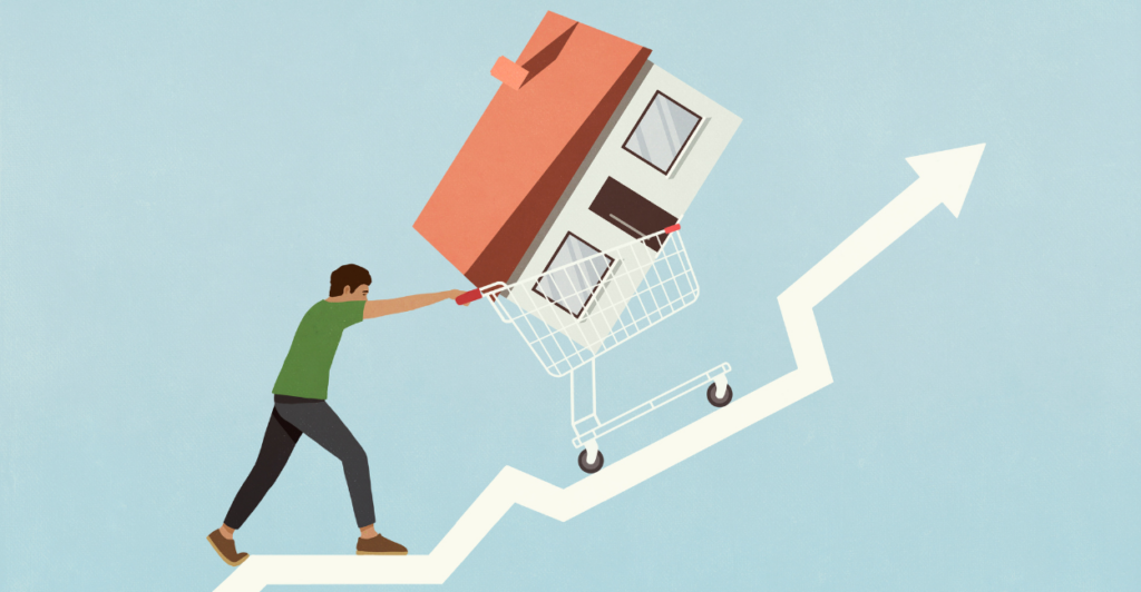 Man pushing house in shopping cart up ascending arrow (Malte Mueller/Getty Images)
