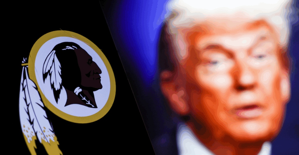 President Donald Trump is juxtaposed against the logo of what were the NFL's Washington Redskins
