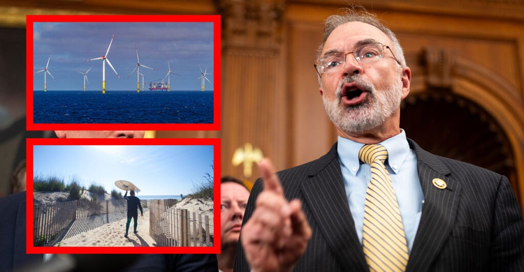 Rep. Andy Harris, R-Md., with inset photos of an offshore windmill farm and a beachgoer carrying a beach chair.