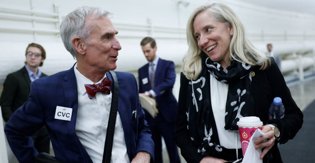 Bill Nye "The Science Guy" and then-Rep. Abigail Spanberger in a hallway