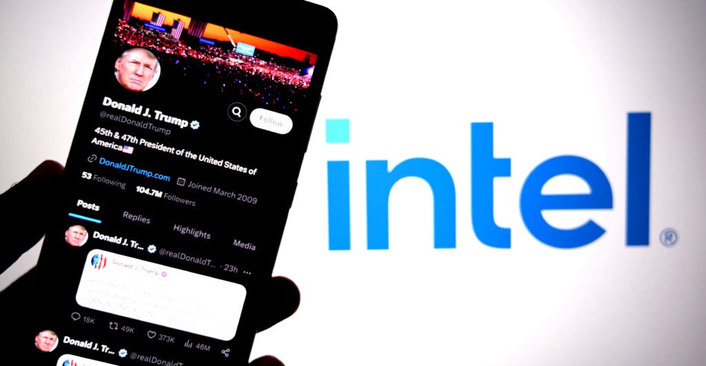 President Donald Trump's X page is seen displayed on a smartphone with an Intel logo in the background.