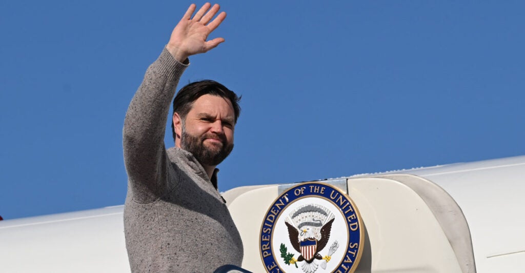 Vice President JD Vance boards Air Force Two on April 17 at Joint Base Andrews in Maryland.