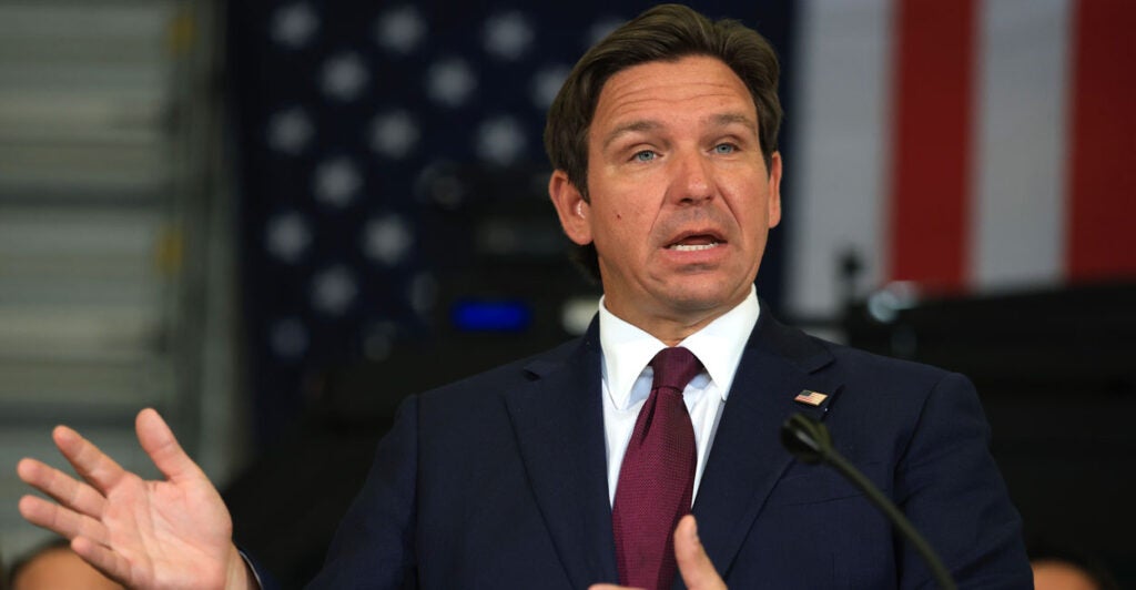 Florida Gov. Ron DeSantis speaks during a press conference on May 1, 2025 in Miramar, Florida.