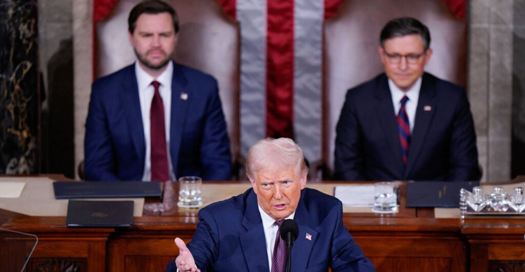 President Donald Trump addresses a joint session of Congress as Vice President JD Vance and Speaker of the House Mike Johnson, R-La., listen in the Capitol on Tuesday, March 04, 2025 in Washington, DC.