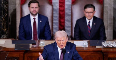 President Donald Trump addresses a joint session of Congress as Vice President JD Vance and Speaker of the House Mike Johnson, R-La., listen in the Capitol on Tuesday, March 04, 2025 in Washington, DC.