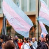 Transgender flags wave at a "Pride” event on June 29, 2024.