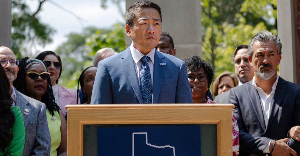 Texas House Democratic Caucus Chairman and state Rep. Gene Wu speaks at the Martin Luther King Jr. Memorial on Aug. 13, 2025, in Chicago.
