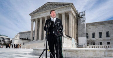 Missouri Attorney General Andrew Bailey speaks with reporters outside the U.S. Supreme Court after justices heard oral arguments in Murthy v. Missouri on March 18, 2024.