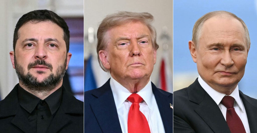 From left: Ukrainian President Volodymyr Zelenskyy, President Donald Trump, and Russian President Vladimir Putin