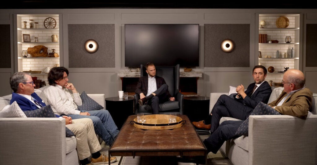 From left, Patrick Deneen, Curtis Yarvin, Johnny Burtka, Chris Rufo, and Christopher Caldwell discuss executive power and a lot more recently at The Heritage Foundation.