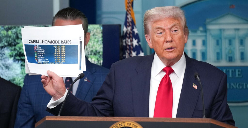 President Trump in the White House briefing room, holds up a document showing crime statistics.