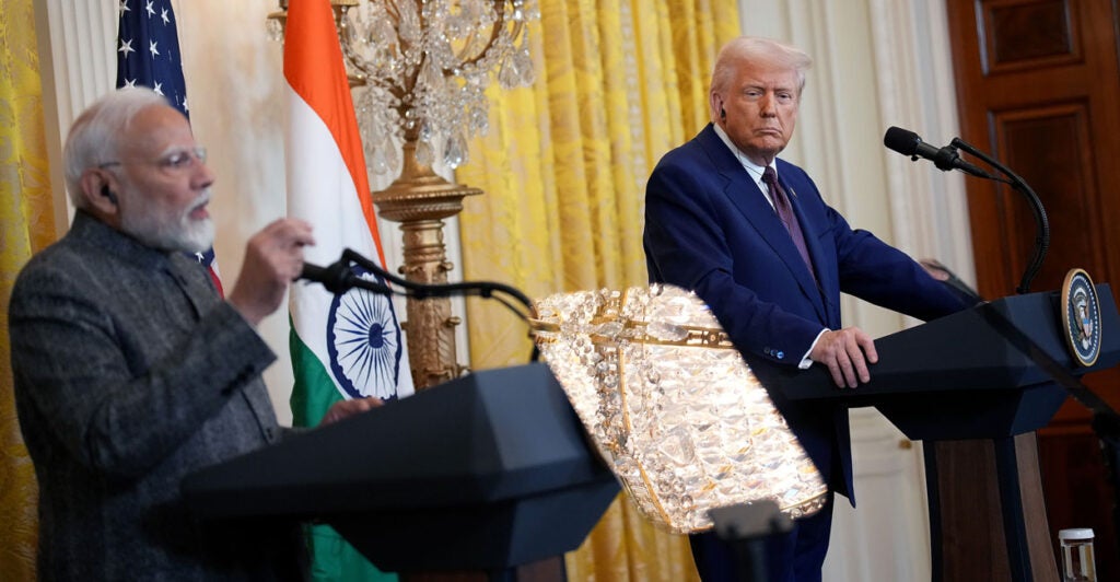 President Donald Trump, right, and Indian Prime Minister Narendra Modi, left, hold a joint press conference in the East Room at the White House on February 13, 2025 in Washington, DC.