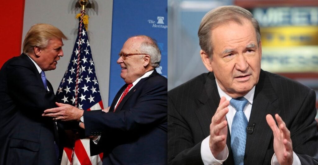 Left: Heritage Foundation founder Ed Feulner greets President Donald Trump during Heritage's President's Club meeting on Oct. 17, 2017, in Washington. (Martin H. Simon /Getty Images) Right: Pat Buchanan speaks during a taping of NBC's "Meet the Press" on Sept. 30, 2007. in Washington. (Alex Wong/Getty Images)