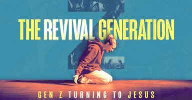 Postor for "The Revival Generation" documentary, depicts young woman on knees with arms spread in prayer. Words "Revival Generation" above her head, and "Gen Z Turning to Jesus" below.