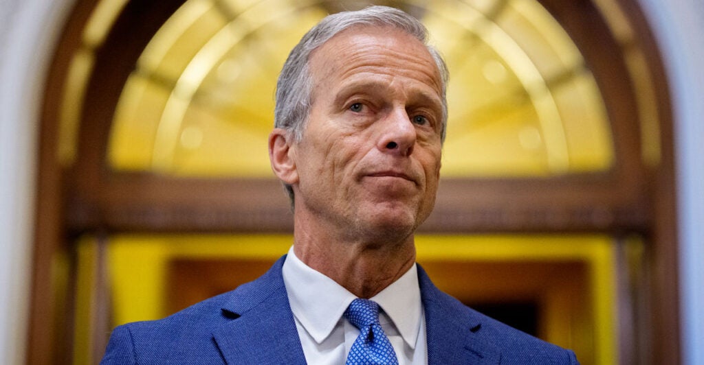Senate Majority Leader John Thune, R-S.D., speaks to reporters off the Senate floor on July 1.