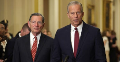 Senate Majority Whip John Barrasso, R-Wyo. (left), and Senate Majority Leader John Thune, R-S.D.