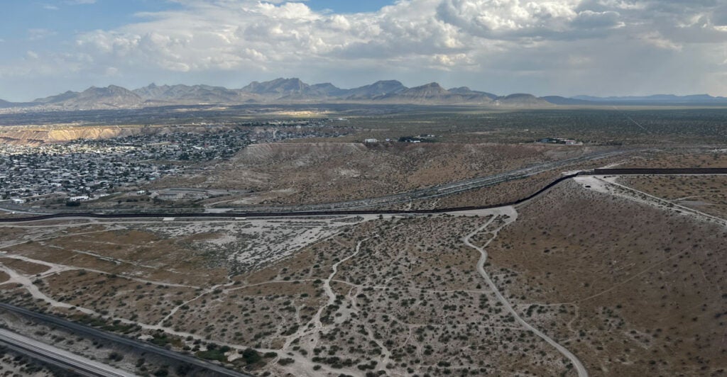 An aerial view of the border wall in El Paso, Texas