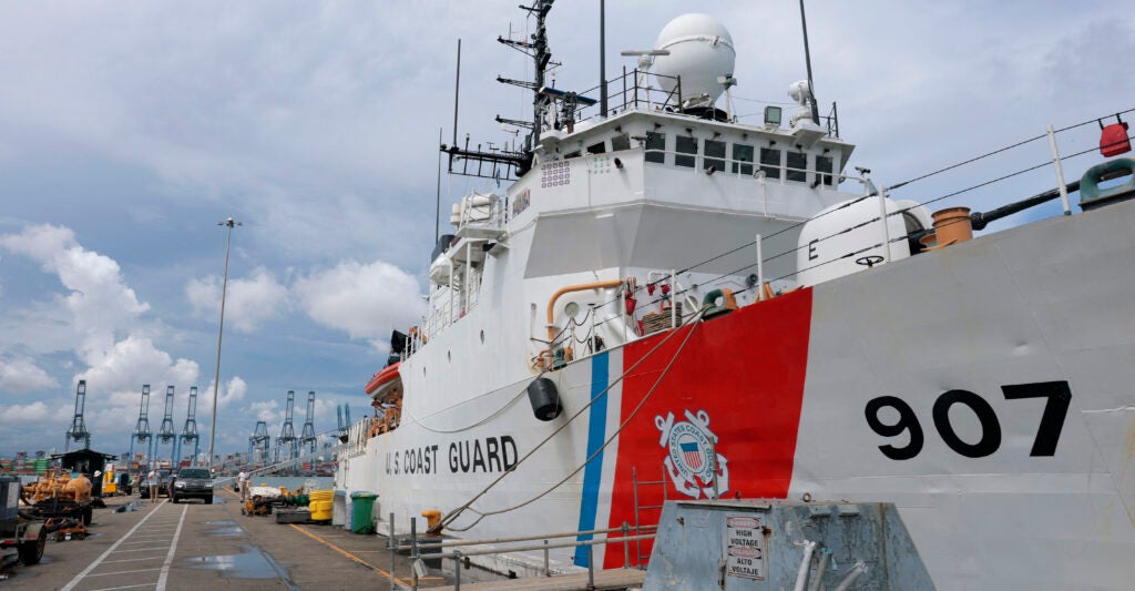 The US Coast Guard Cutter Escanaba is seen as US Homeland Security Secretary Kristi Noem meets with crew and attends a meeting on drug interdiction on June 24, 2025 in Panama City.