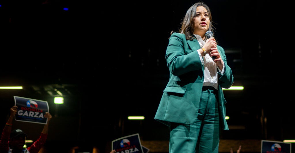 Candidate for Texas Attorney General Rochelle Garza speaks at a "Get Out The Vote" rally on October 18, 2022.