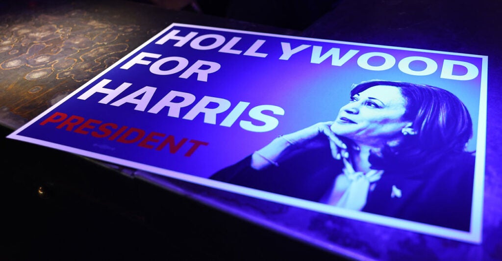 A poster with a picture of kamala harris that says "Hollywood for Harris President"