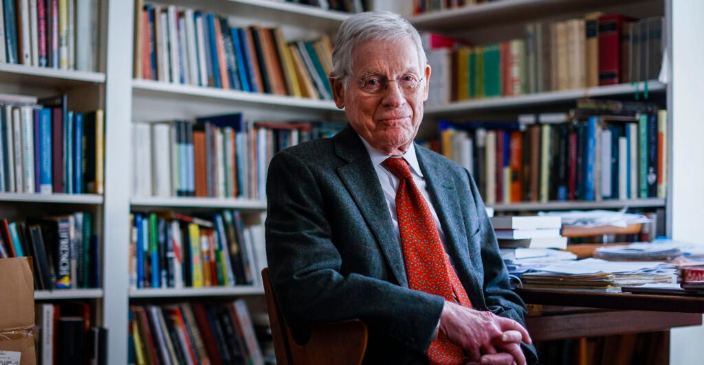 Recently retired Harvard professor Harvey Mansfield poses for a portrait in his study.