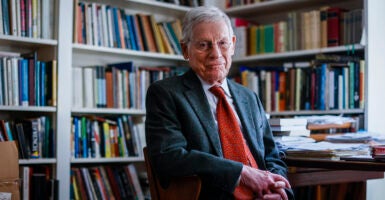 Recently retired Harvard professor Harvey Mansfield poses for a portrait in his study.