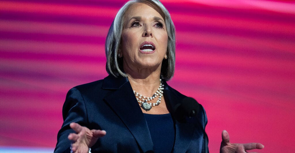 New Mexico Gov. Michelle Lujan Grisham speaks on the second night of the Democratic National Convention in Chicago on Aug. 20, 2024.