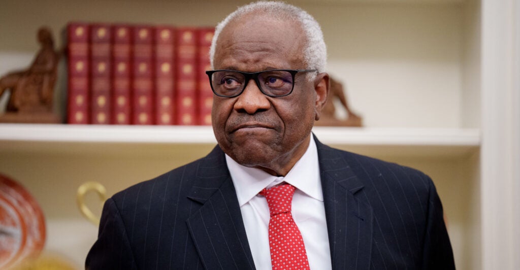 U.S. Supreme Court Associate Justice Clarence Thomas appears before swearing in Pam Bondi as U.S. Attorney General in the Oval Office at the White House on February 05, 2025 in Washington, DC.