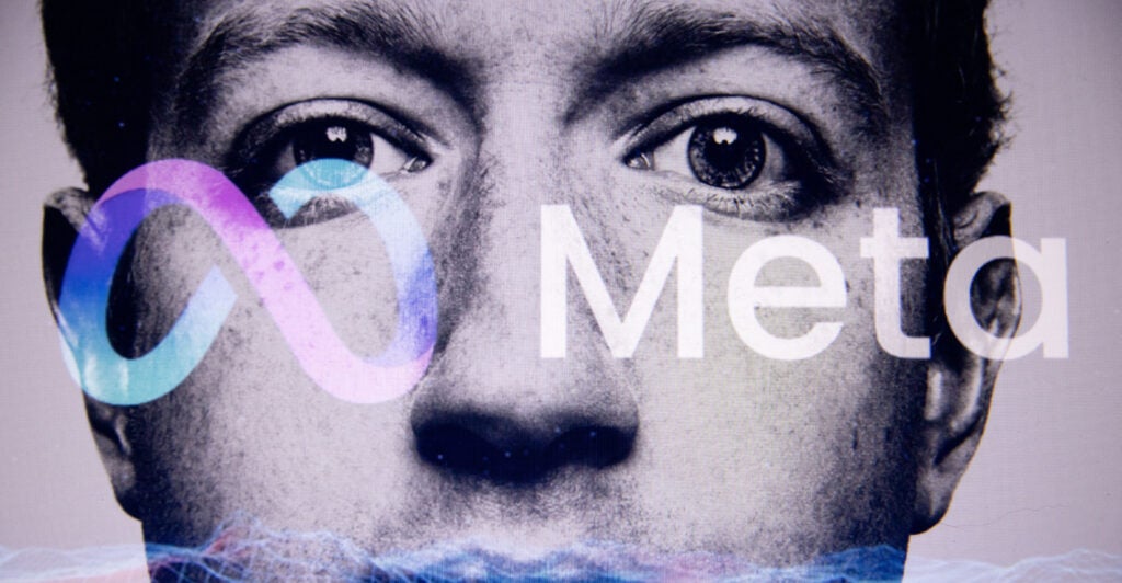 Double exposure photograph of a portrait of Mark Zuckerberg and the Meta Group logo at Kerlouan in Brittany in France on April 11, 2025.