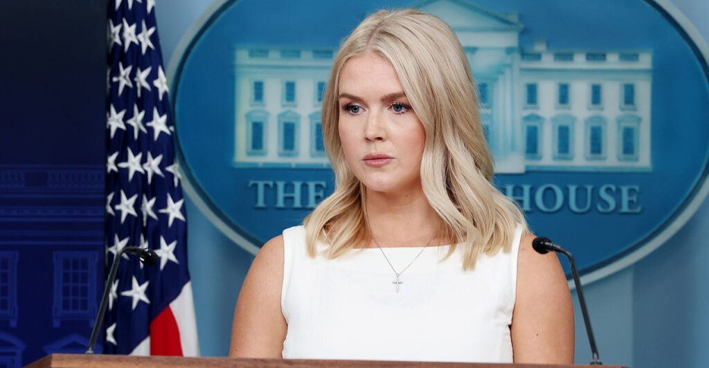 White House press secretary Karoline Leavitt at the lectern during a press briefing