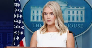 White House press secretary Karoline Leavitt at the lectern during a press briefing