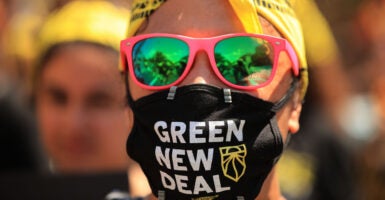 A young climate activist, wearing sunglasses and a mask to conceal his or her identity, on June 28, 2021, demands that then-President Joe Biden make the Green New Deal the law of the land.