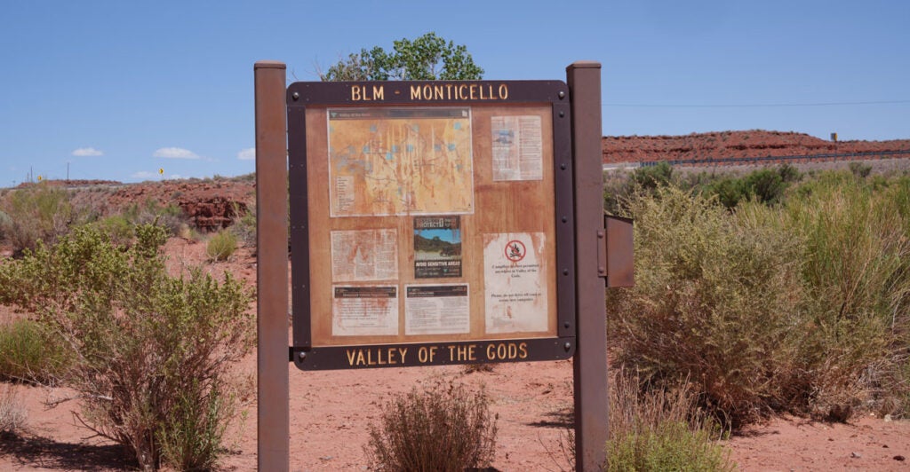 An informational sign greets visitors to Valley of the Gods Park in Monticello, Utah, a federal Bureau of Land Management property. Most of Utah is federally owned.