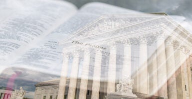 A see-through illustration of a Bible superimposed over an image of the Supreme Court