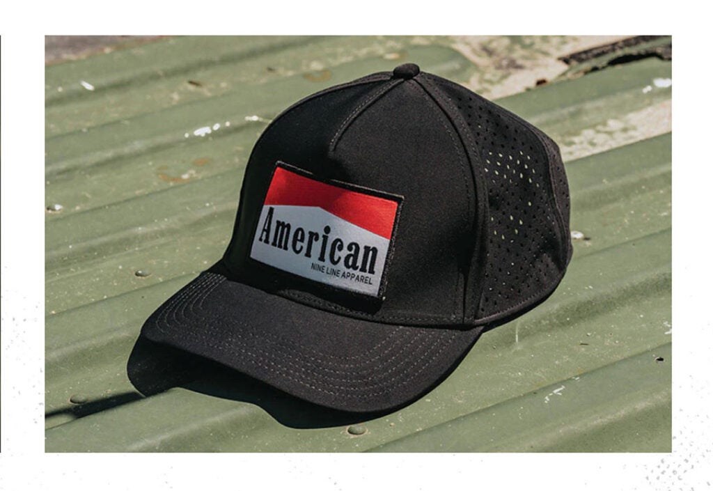 a baseball cap made by Nine Line Apparel sports a red-and-white logo resembling that of Marlboro cigarettes, but with the word "American" on it.