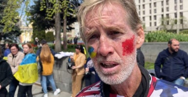 This screengrab—taken from AFP-TV video on Sept. 16, 2024—shows now-convicted would-be presidential assassin Ryan Routh speaking in an interview at a rally urging foreign leaders and international organizations to help with the evacuation of civilians and Ukrainian servicemen from central Kyiv on April 27, 2022, amid Russia's invasion of Ukraine. (Nicolas Garcia/AFP-TV/AFP via Getty Images)