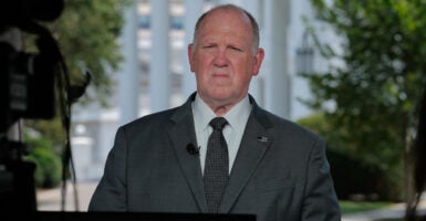 Tom Homan, with White House in the background, glaring.