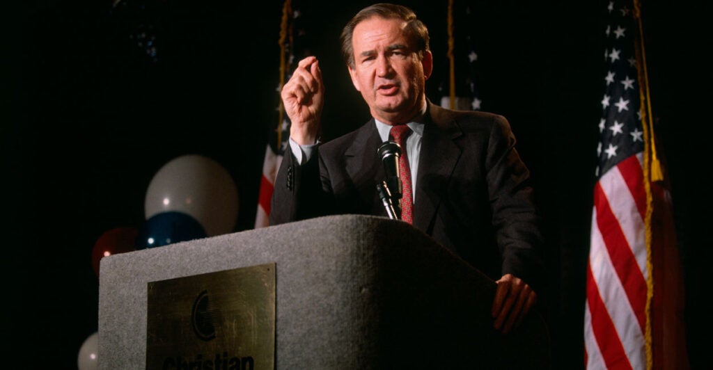 Pat Buchanan is seen here speaking at a Christian Coalition event on Feb. 29, 1996.
