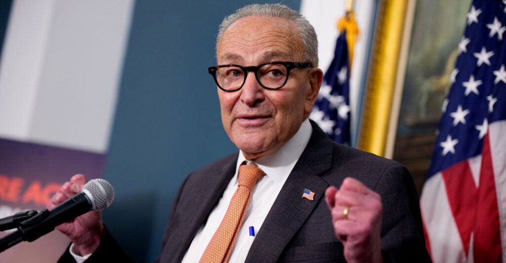 Chuck Schumer in a suit in front of an American flag
