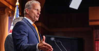 Senate Majority Leader John Thune, R-S.D., speaks to the media during a press conference at the U.S. Capitol on September 19, 2025 in Washington, DC.