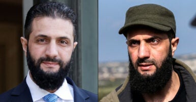Two juxtaposed photos of Ahmed al-Sharaa, one as president of Syria on May 7 (left), the other as leader of a jihadist coalition in 2023.