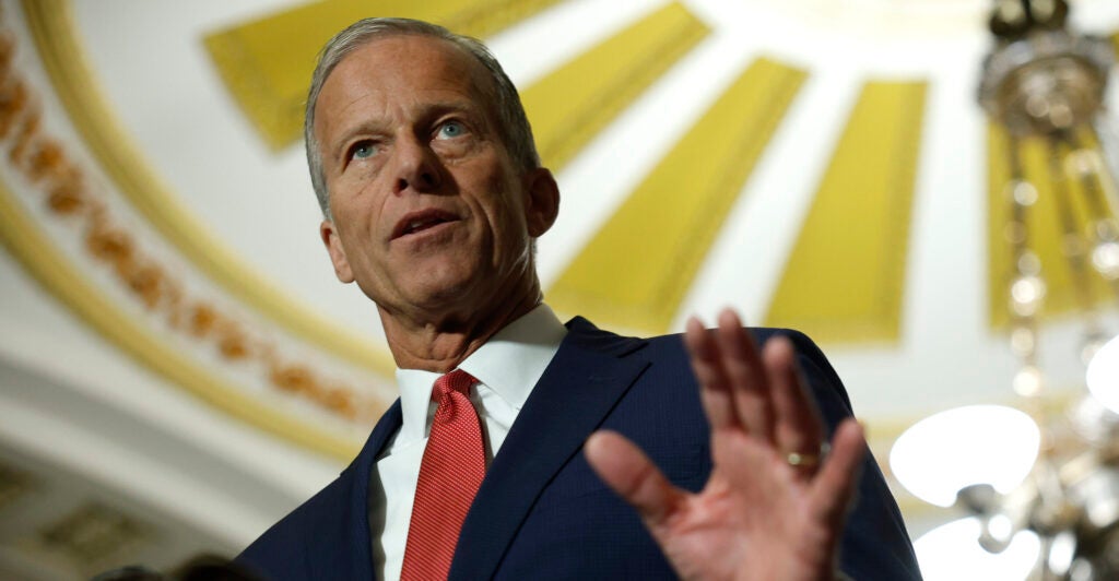 Senate Majority Leader John Thune, R-S.D., speaks to reporters at the Capitol on Tuesday.