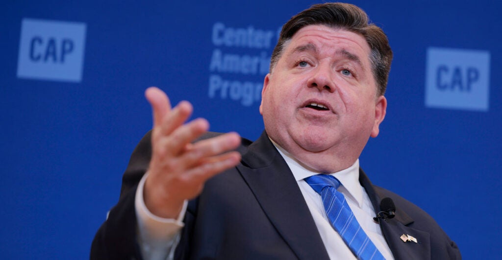 Democrat Illinois Gov. JB Pritzker speaks at a gathering of the leftist Center for American Progress