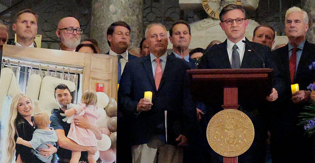 Speaker of the House Mike Johnson, R-La., speaks Monday at a memorial service for Charlie Kirk.