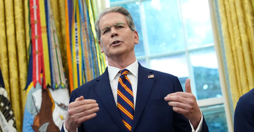 Scott Bessent speaks in the Oval Office.