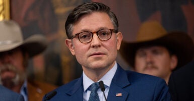 Speaker of the House Mike Johnson discusses funding and a continuing resolution in the United States Capitol.