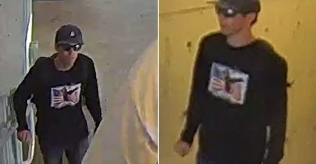 Composite of two shots of suspect in death of Charlie Kirk. Male in dark cap with long sleeve black shirt with American flag on it.